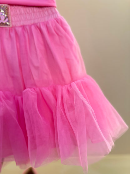 Conjunto Infantil Blusa Light Cristais Barbie e Saia Babados Patche Barbie Rosa Ópera - Pituchinhus