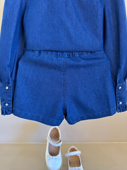 Conjunto Infantil Camisa Jeans Leve ML Gola Bordada Flores e Shorts-saia Jeans Bordada Flores - Luluzinha