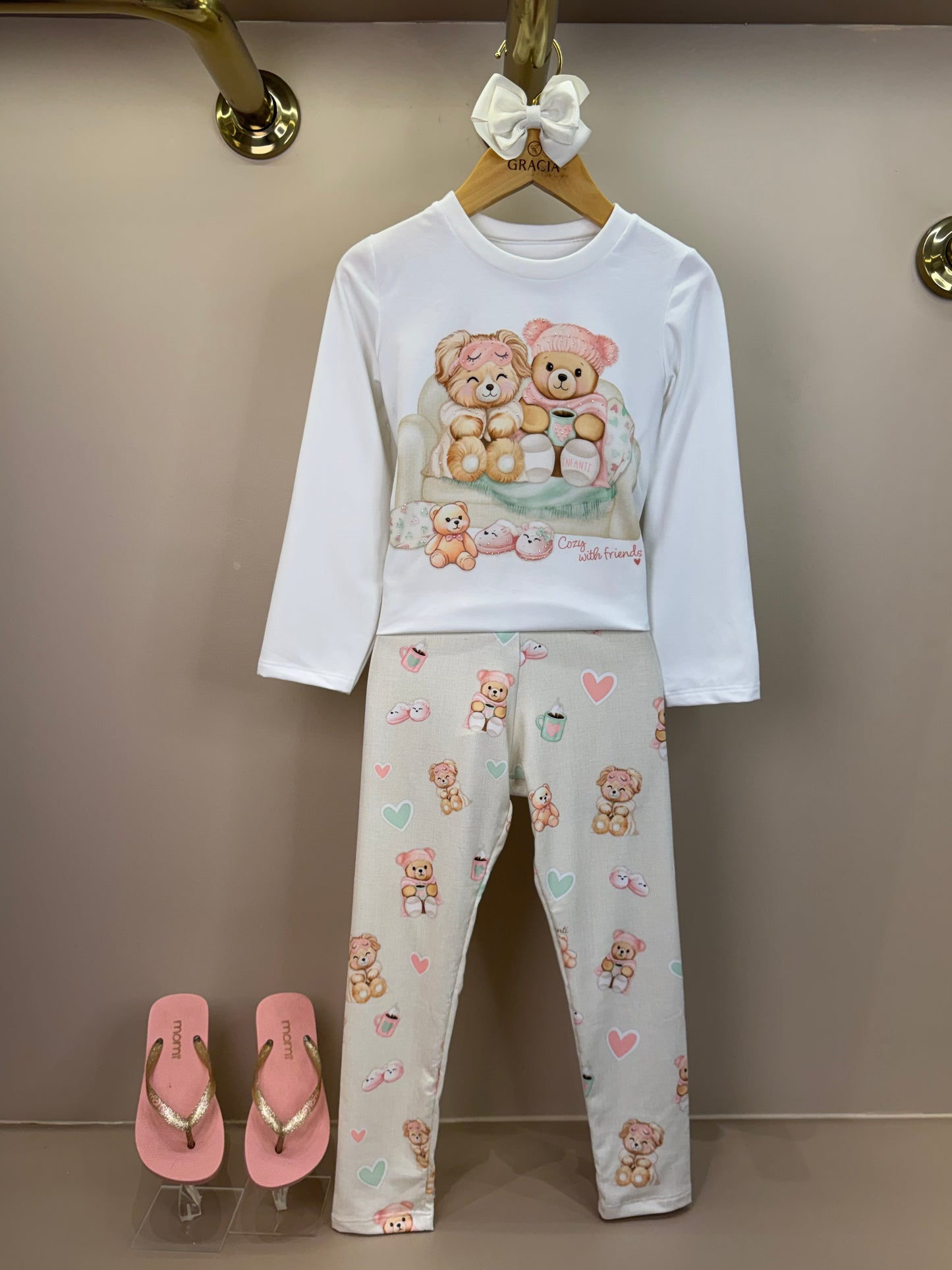 Pijama Infantil Blusa ML Off White e Legging Ursinhos - Infanti