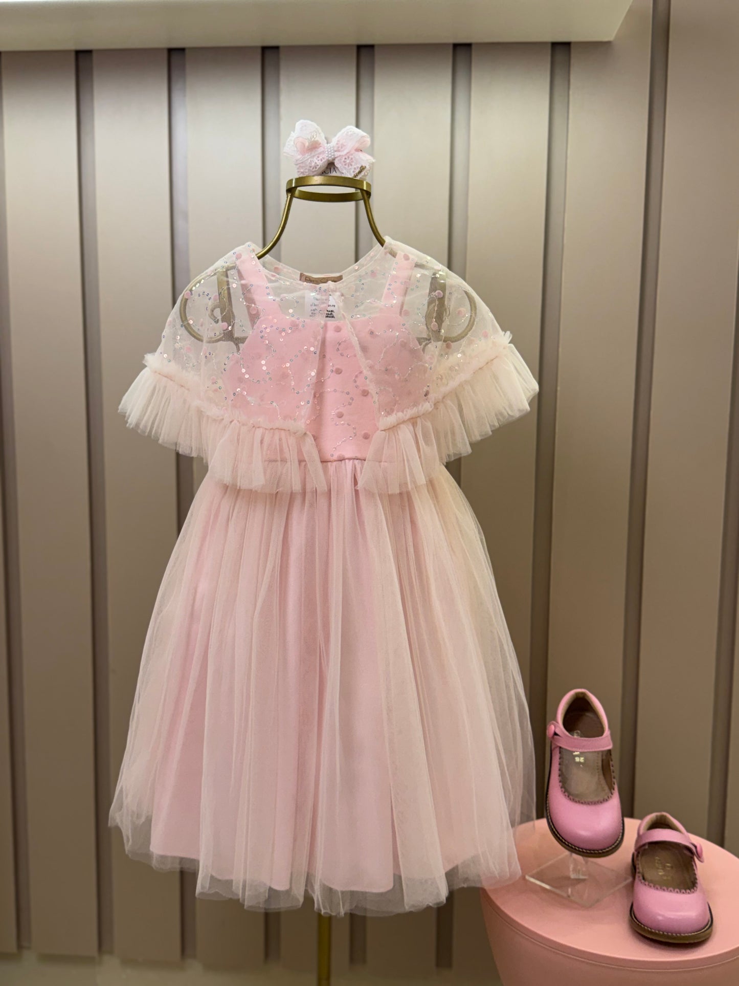 Vestido Infantil Festa com Capa Tule Bordado Rosa - Petit Cherie