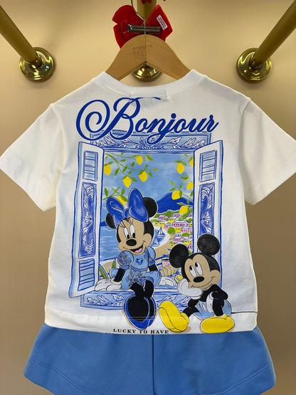 Conjunto Infantil Blusa Estampa Minnie e Mickey Bonjour e Saia Shorts Infantil Laço Bordado de Tomate - Animê