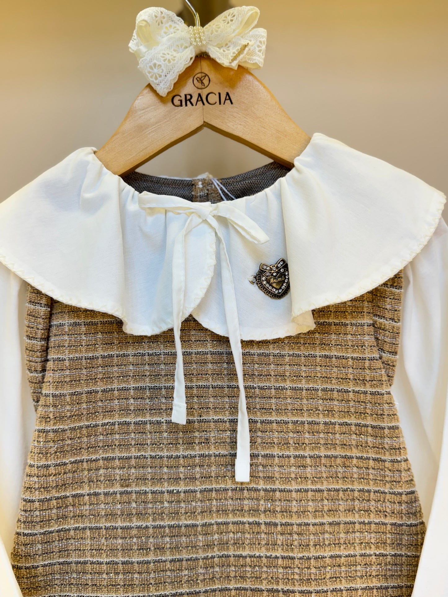 Vestido Infantil no Tweed com Casaco Tweed Bege - Animê