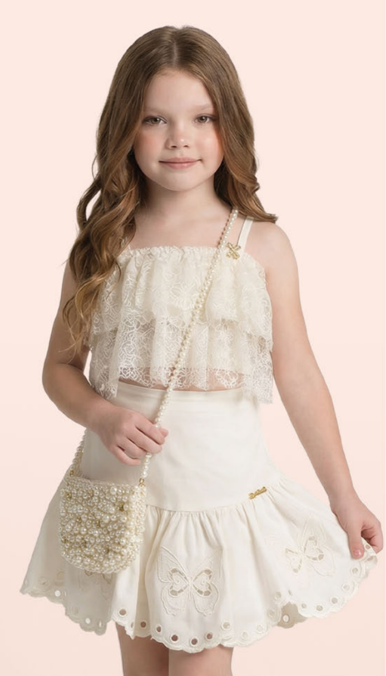 Conjunto Infantil Blusa Saia Renda com Babados Franzidos Rodada - Luluzinha