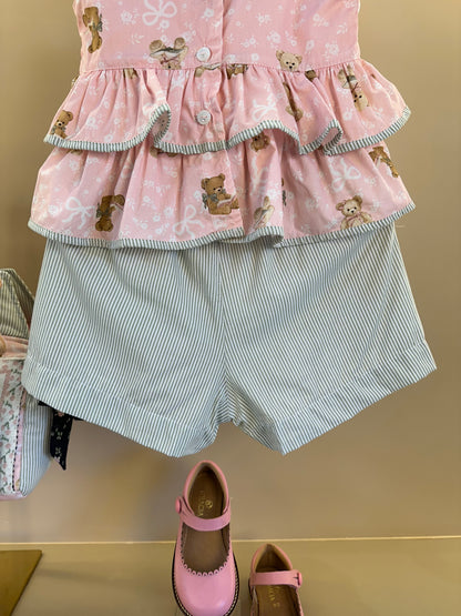 Conjunto Infantil Blusa Algodão Estampa Ursinhos Com Babados e Lacinhos e Shorts Algodão Listrado Bolsos Babadinho de Renda - Pituchinhus