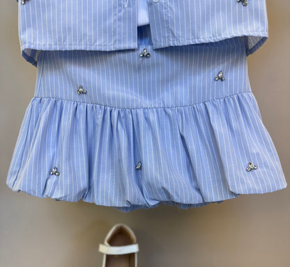 Conjunto Infantil  Saia Com Detalhes  Camisa Listrada Blusa Branca - Gabriela Aquarela
