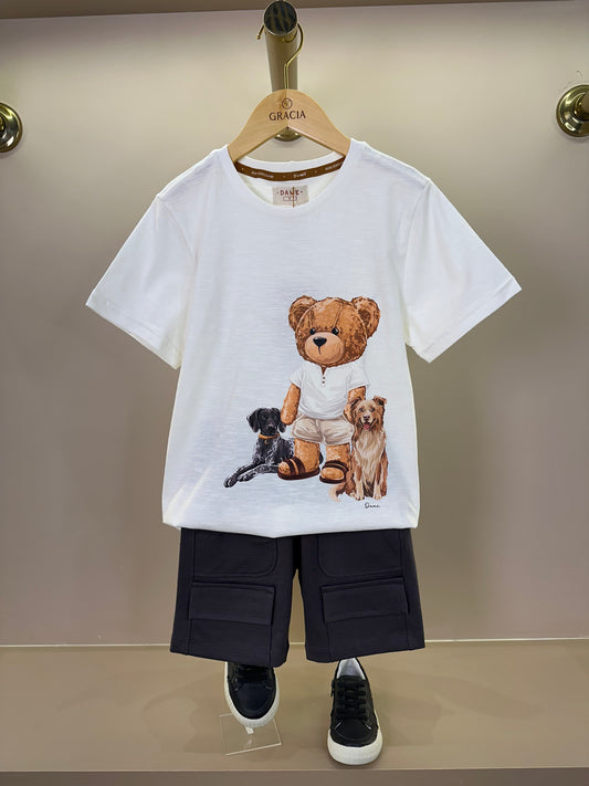 Conjunto Infantil Camiseta Teddy Cachorros Off e Bermuda Suedine Algodão Bolsos Grafite - Dame