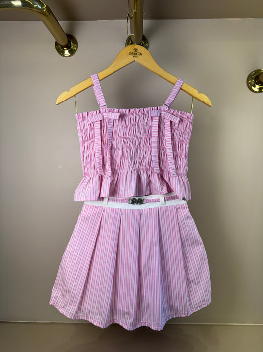 Conjunto Teen Blusa Cropped Franzido e Shorts Saia Rosa Listrado - Authoria
