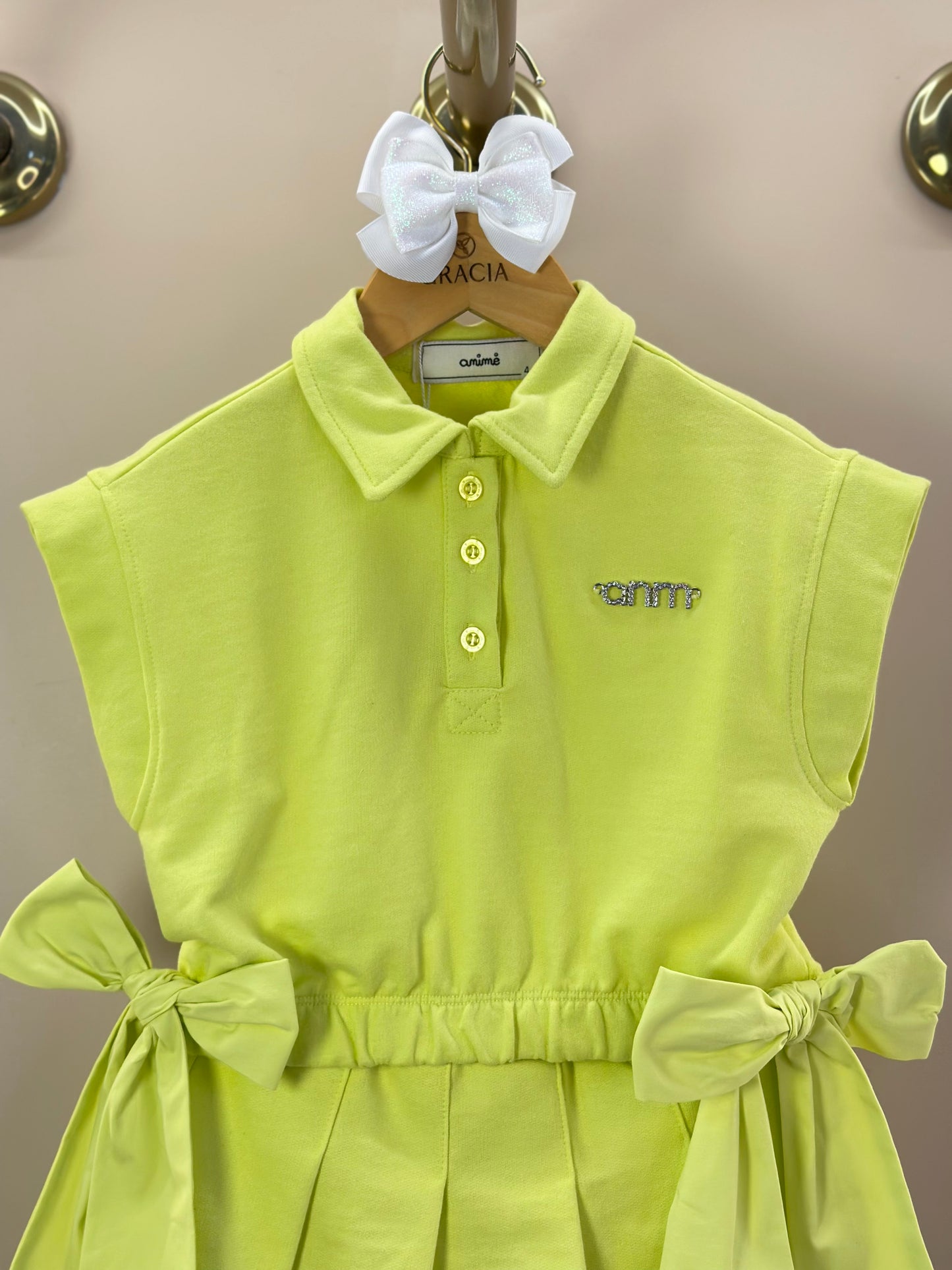 Conjunto Infantil Blusa Laços Laterais e Saia-shorts Pregas Verde Melão - Animê