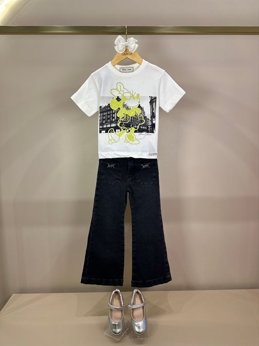 Conjunto Infantil Blusa Minnie Verde Melão Pérola e Calça Jeans Preta - Animê