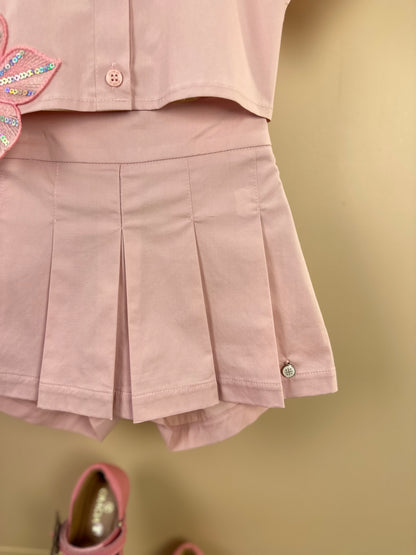 Conjunto Infantil Algodão Camisa Bordada e Shorts-saia Pregas Nude - Um Mais Um