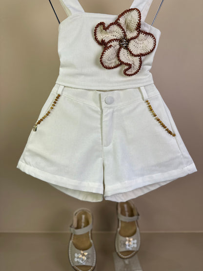 Conjunto Infantil Blusa Flor Crochê Bordada e Shorts - Luluzinha