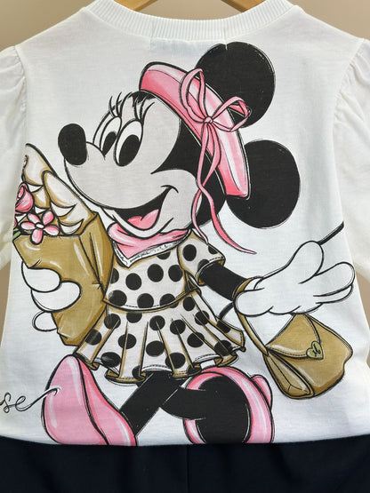 Conjunto Infantil T-Shirt Minnie Mouse Pingente e Shorts Saia Preto Laço Poá - Animê