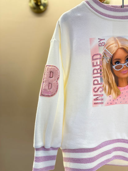 Blusa Moletom Infantil Patche Barbie Cristais Off White - Pituchinhus
