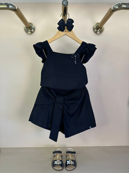 Conjunto Infantil Linho Blusa e Shorts-saia Preto Laço Strass - Petit Cherie