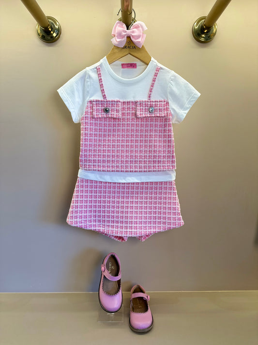 Conjunto Infantil Blusa Sobreposição Pérola e Shorts Malha Tweed Rosa - Momi Mini