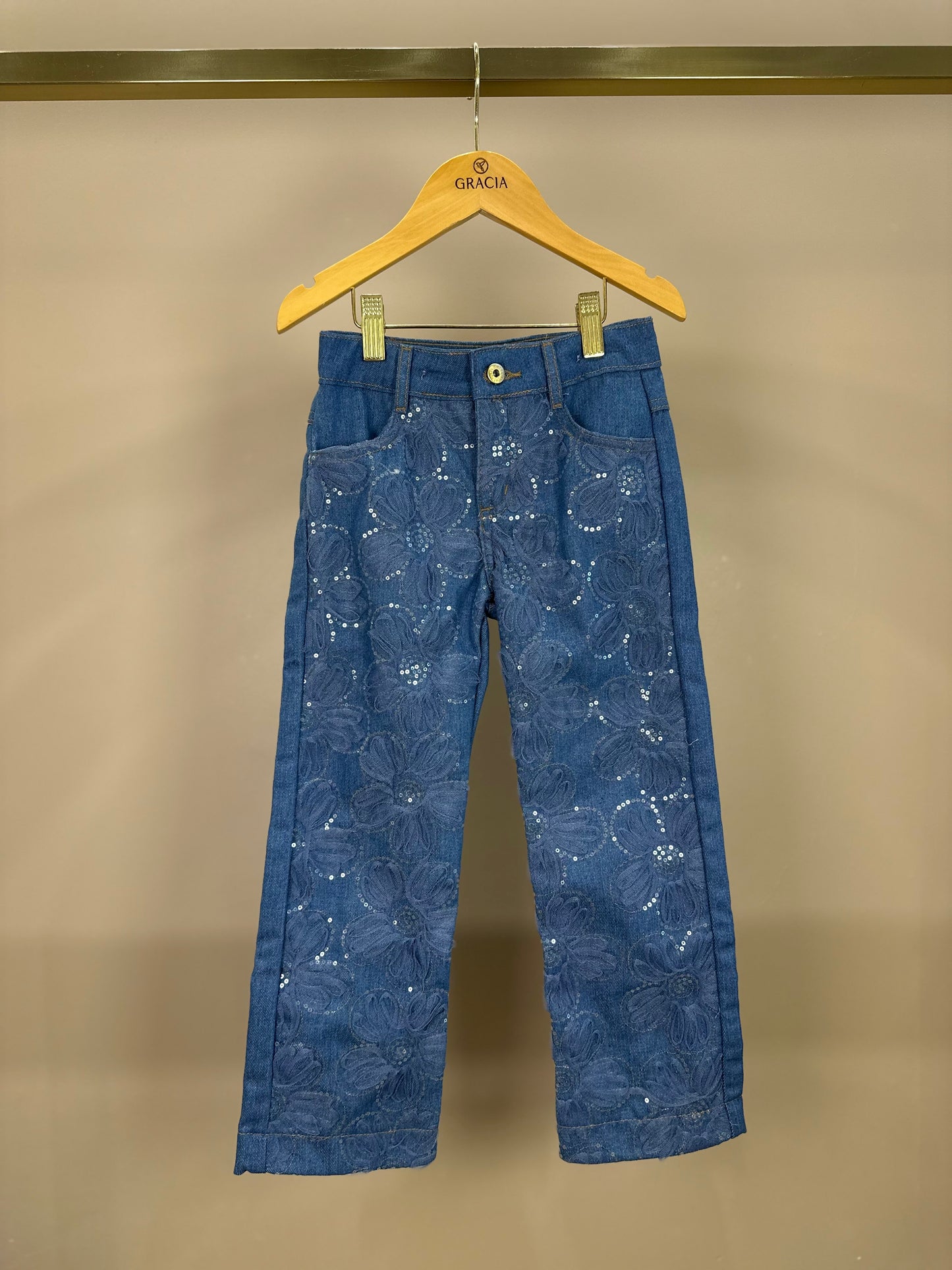 Calça Infantil Jeans Bordada Tule Flores - Animê