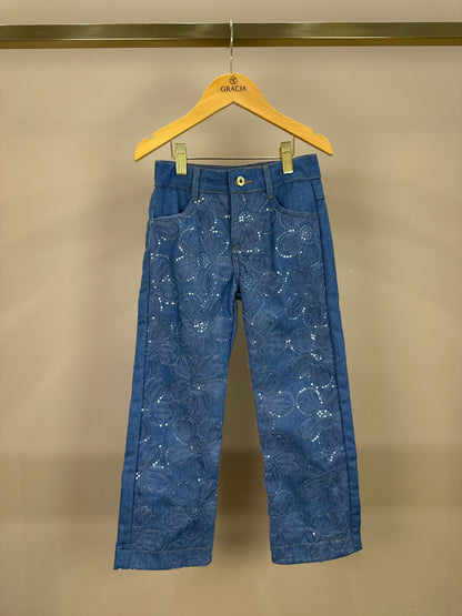Calça Infantil Jeans Bordada Tule Flores - Animê