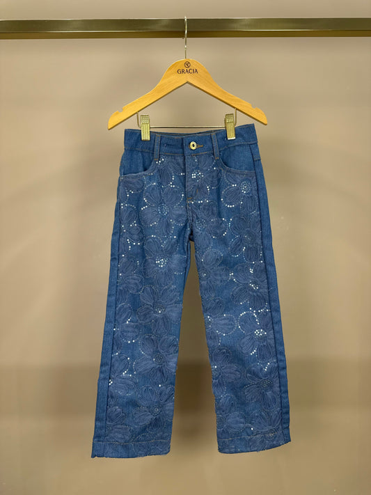 Calça Infantil Jeans Bordada Tule Flores - Animê