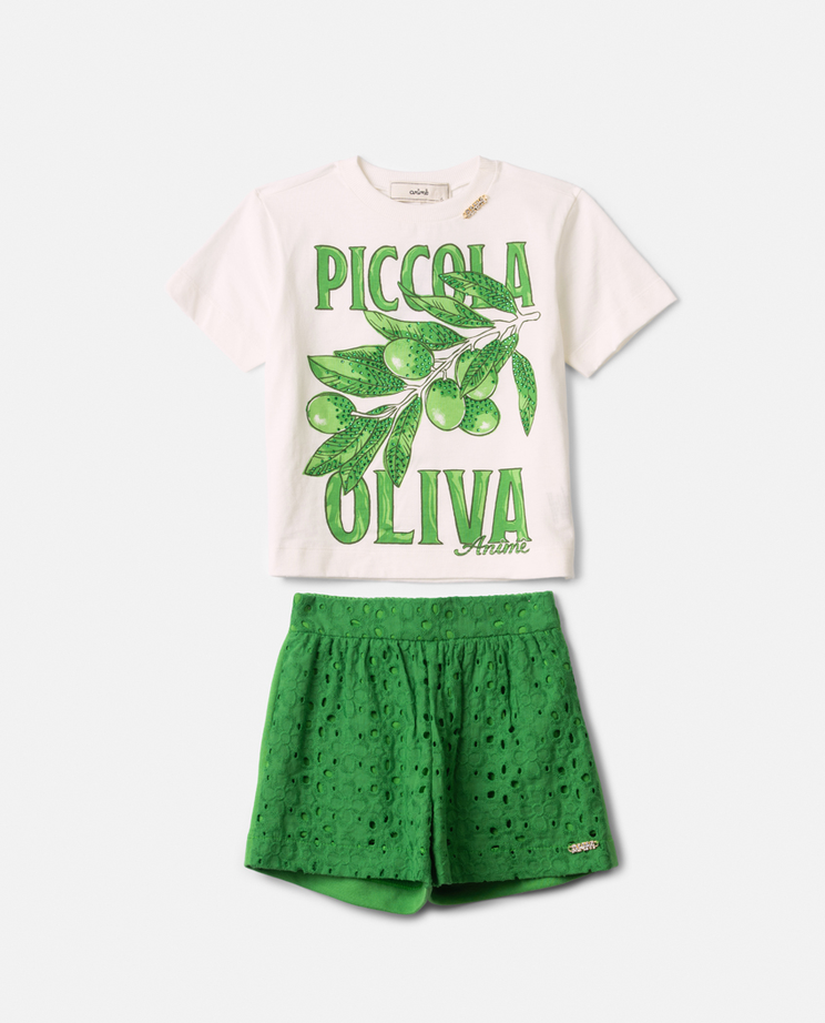 Conjunto Infantil Camiseta Off-White Piccola Oliva e Short Verde - Animê
