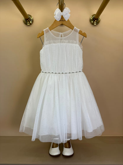 Vestido Infantil Tule Cinto Pérolas e Strass Off - Petit Cherie
