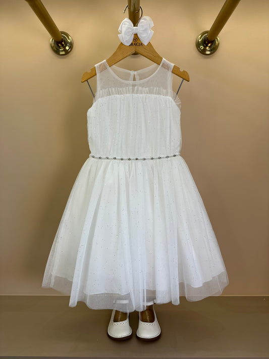 Vestido Infantil Tule Cinto Pérolas e Strass Off - Petit Cherie
