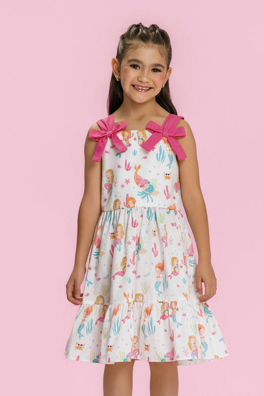 Vestido Infantil Estampa Sereia Alça de Laço - Mon Sucre