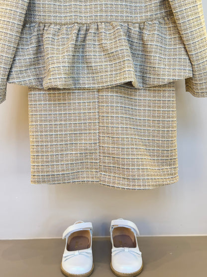 Vestido Infantil no Tweed com Casaco Tweed Bege - Animê