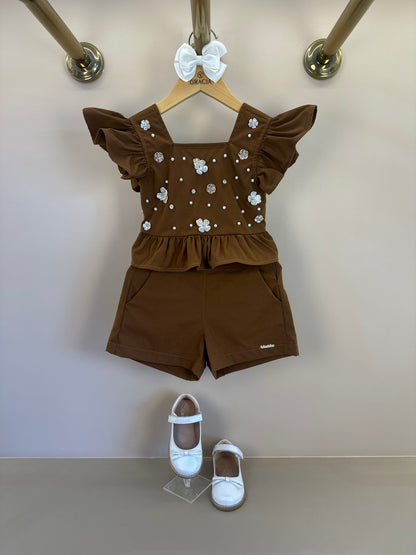 Conjunto Infantil Blusa e Shorts  Sarja Bordado Manual Marrom - Luluzinha