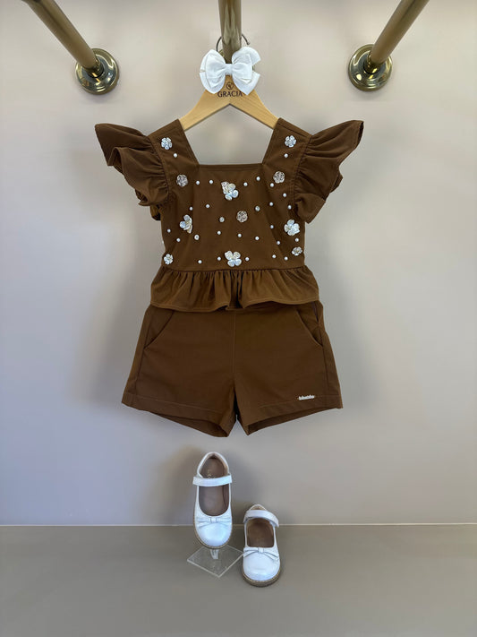 Conjunto Infantil Blusa e Shorts  Sarja Bordado Manual Marrom - Luluzinha