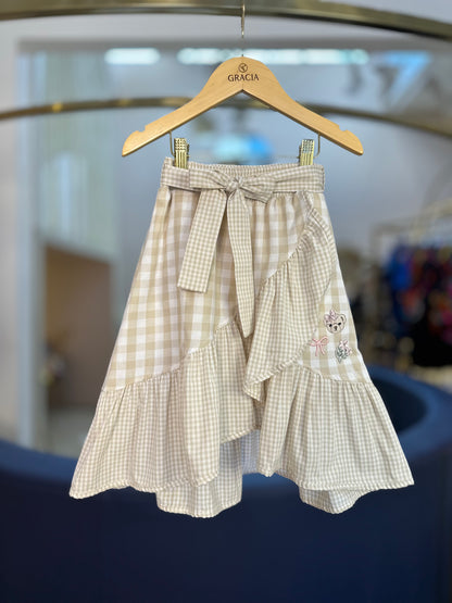 Conjunto Infantil Blusa Ciganinha e Saia-shorts Midi Xadrez Patches - Pituchinhus