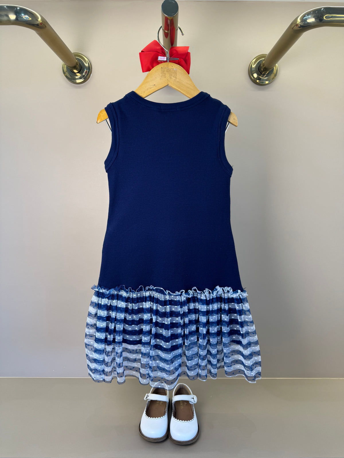 Vestido Infantil Tule Estampado Com Aplicação de Crochê e Laço de Vies - Luluzinha