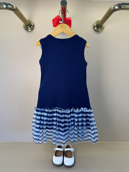 Vestido Infantil Tule Estampado Com Aplicação de Crochê e Laço de Vies - Luluzinha