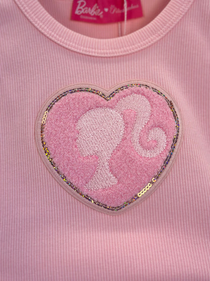 Conjunto Infantil Regata Patche Coração Barbie e Saia Sarja Pregas Patche Barbie Rosa Romântico - Pituchinhus