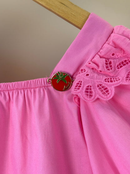 Conjunto Infantil Blusa Mangas Amplas Estampa Tomates e Shorts Saia Rosa - Animê