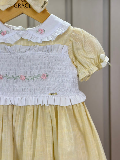 Vestido Infantil Clássico Algodão Golinha e Busto Brancos Bordados Amarelo - Roana