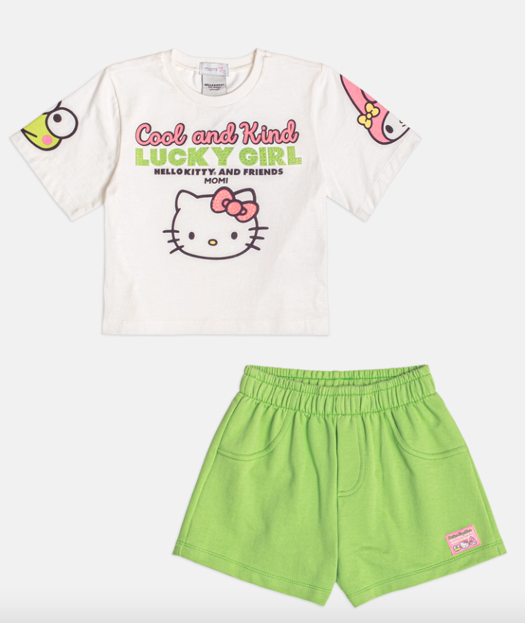 Conjunto Infantil Blusa Hello Kitty e Shorts Verde - Momi