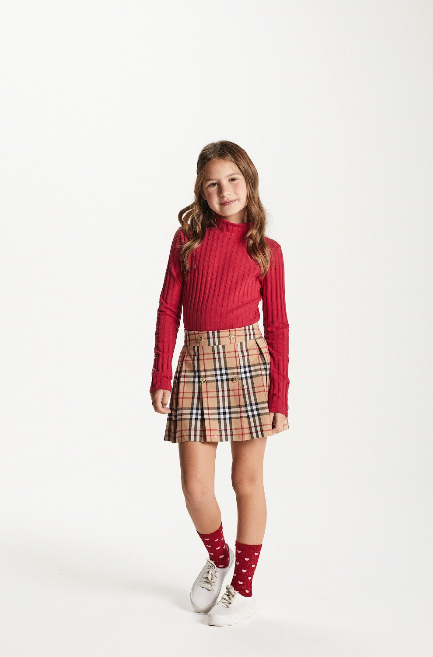 Conjunto Infantil Blusa ML Vermelha e Saia-shorts Alfaiataria Xadrez - Um Mais Um