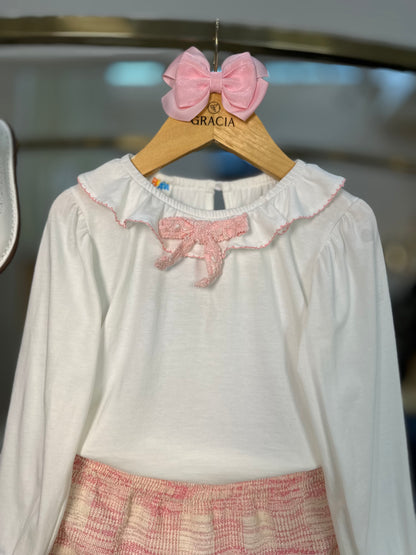 Conjunto com Casaco  Infantil Blusa de Algodão com Laço e Shorts-saia de Malha Tweed Rosa - Beabá