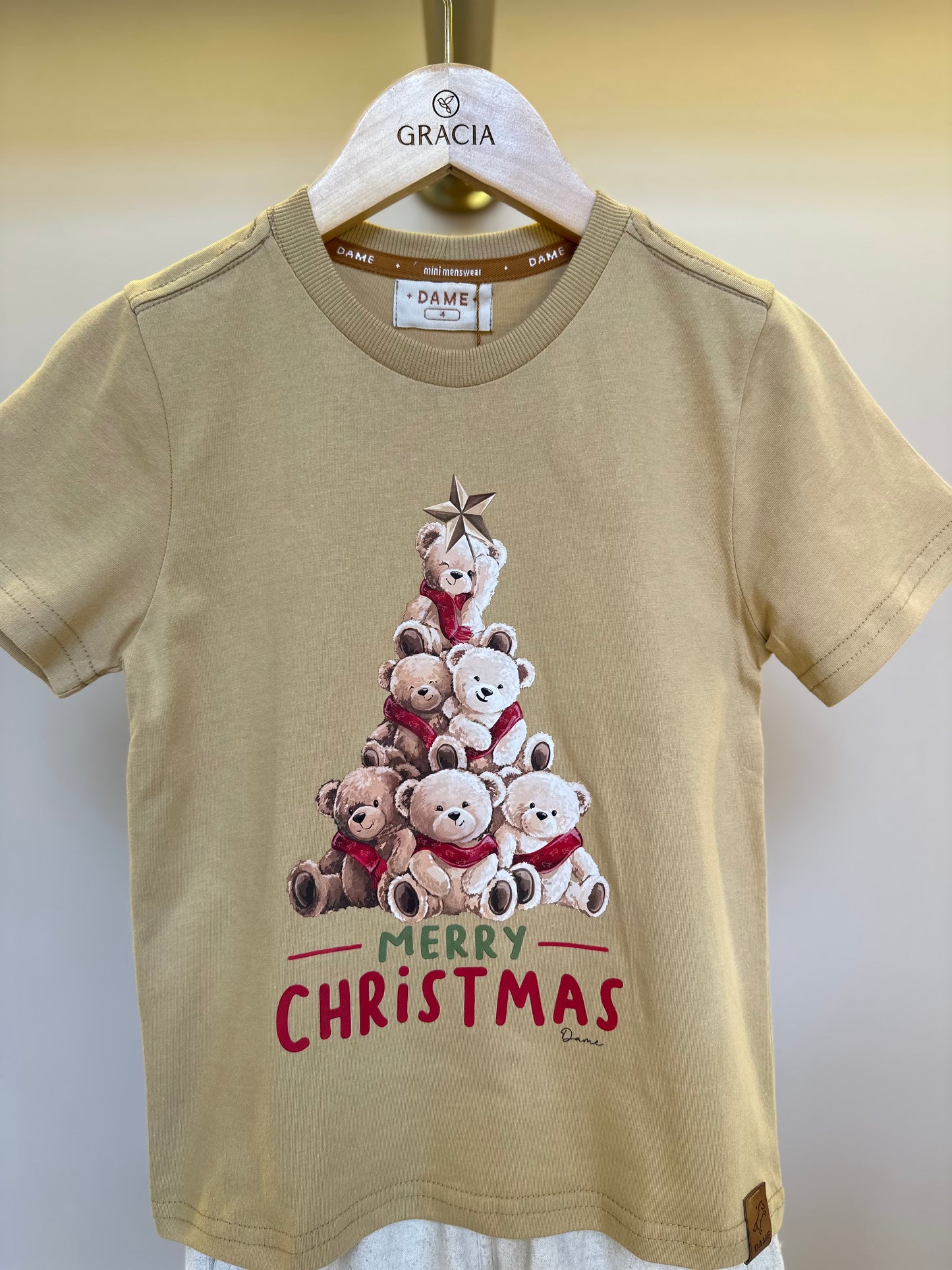 Conjunto Infantil Camiseta Algodão Teddy Natal e Bermuda Linho Elastano Bege - Dame
