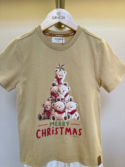 Conjunto Infantil Camiseta Algodão Teddy Natal e Bermuda Linho Elastano Bege - Dame
