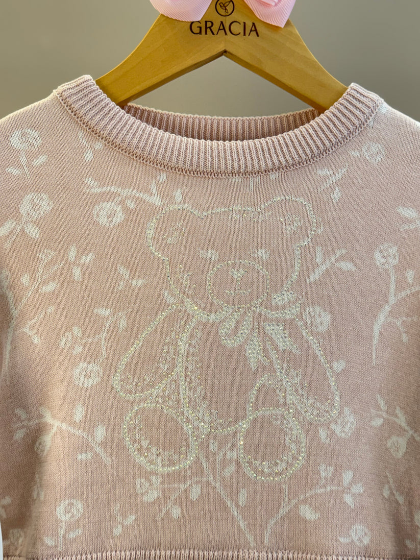 Blusa Infantil Tricot Floral Ursinho Algodão Rosa Mel - Pituchinhus