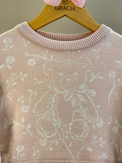 Blusa Infantil Tricot Floral Ursinho Algodão Rosa Mel - Pituchinhus