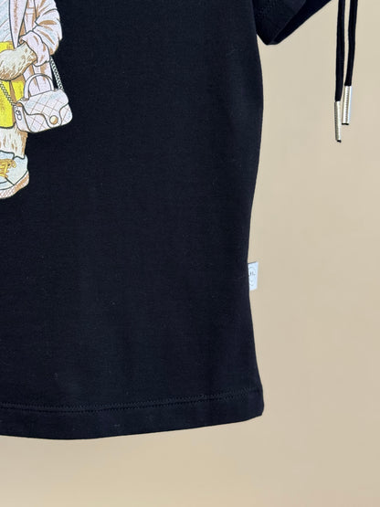 Camiseta Teen Baby Look Ursinho Amarração Mangas Preta - Two In
