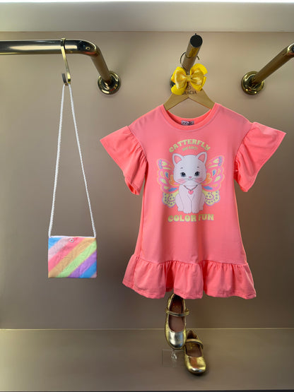 Vestido Infantil Rosa Neon Gatinha e Bolsinha Transversal Colorida - Infanti