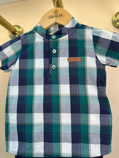 Conjunto Bebê Camisa MC Xadrez Verde e Bermuda Linho Marinho - Charpey