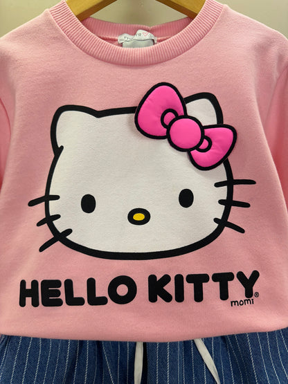 Conjunto Infantil Feminino Conjunto Infantil Casaco Moletom Hello Kitty Rosa Blossom com Saia Jeans Listrada Cós Duplo Branco - Momi