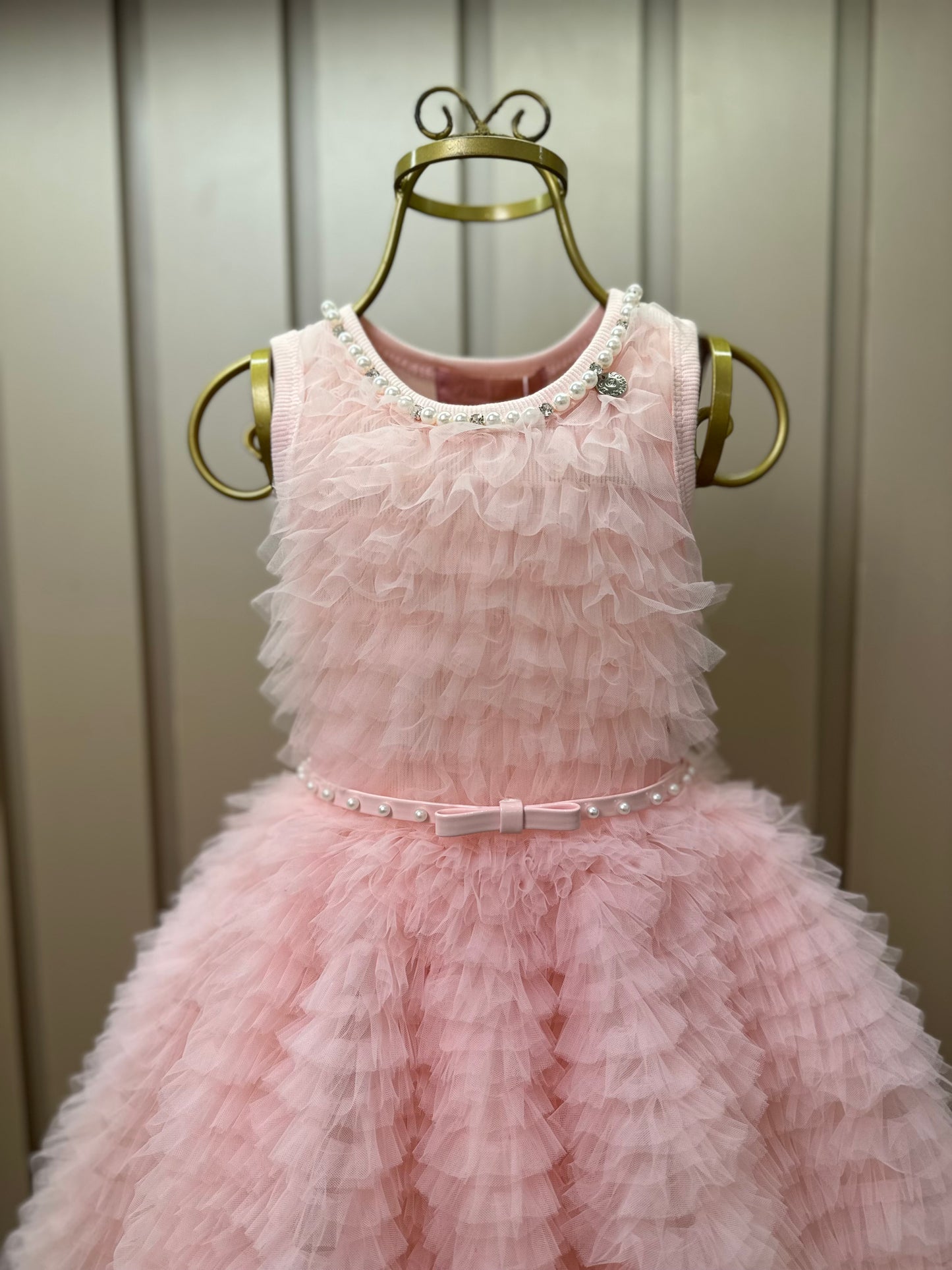 Vestido Infantil Conceito Frufru Tule Cinto Pérola Rosa Gelado - Pituchinhus
