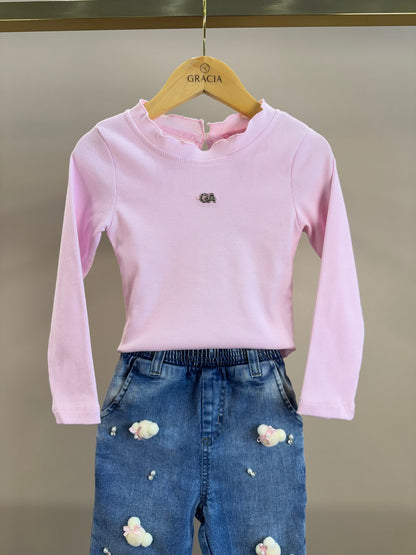 Conjunto Infantil Blusa Rosa ML e Calça Jogger Ursinhos Pompom Jeans - Gabriela Aquarela