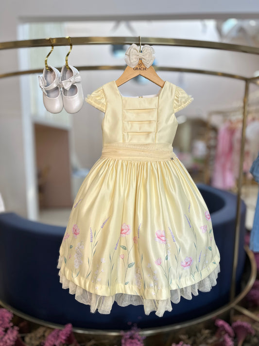 Vestido Infantil Festa Tule Flores Amarelo - Petit Cherie
