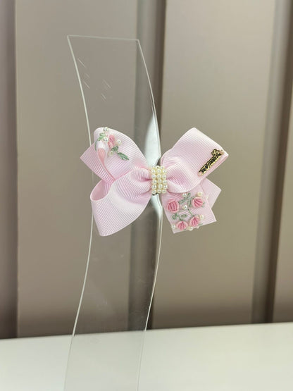 Laço Infantil Bordado Flores e Pérolas Rosa - Roana